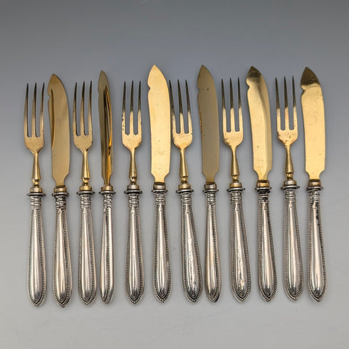 German Antique 800 Silver Handle Gold Plated Blade Tea Cutlery 6 Pairs